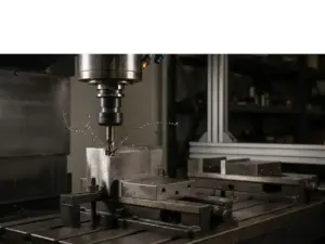 CNC-Frässpindel beim Zerspanen eines Metallwerkstücks, feine Späne an der Schneidkante, industrielle Werkstattbeleuchtung.