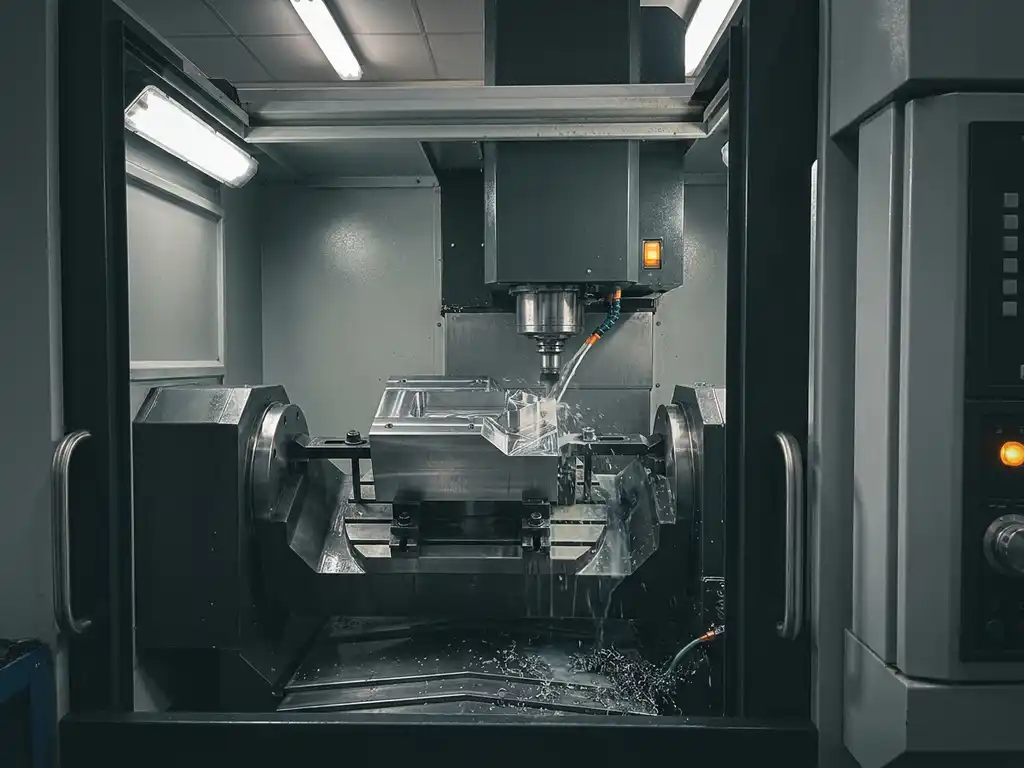 Metallwerkstück eingespannt in CNC-Fünfachsen-Bearbeitungszentrum, Schneidwerkzeug im Einsatz, Metallspäne am Maschinenboden.