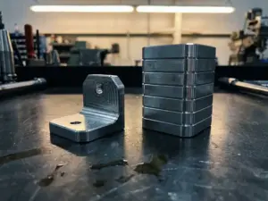 CNC-gefrästes Aluminiumteil neben einem Stapel identischer Bauteile auf dunkler Stahloberfläche mit sichtbaren Bearbeitungsspuren.