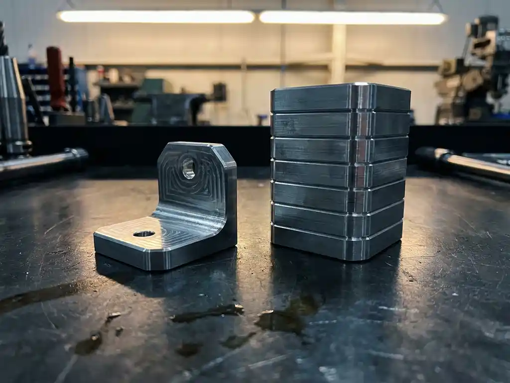 CNC-gefrästes Aluminiumteil neben einem Stapel identischer Bauteile auf dunkler Stahloberfläche mit sichtbaren Bearbeitungsspuren.