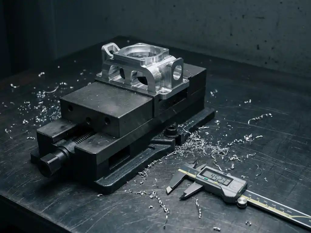 Präzisionsgefrästes Aluminiumteil im CNC-Schraubstock mit digitalem Messschieber und Metallspänen auf dunkler Stahlwerkbank.