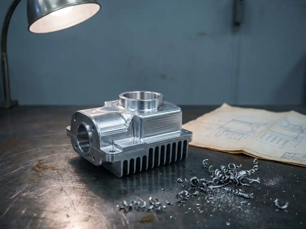 Frisch gefräste Aluminiumkomponente neben technischer Zeichnung auf Stahloberfläche, Metallspäne aus CNC-Bearbeitung sichtbar.