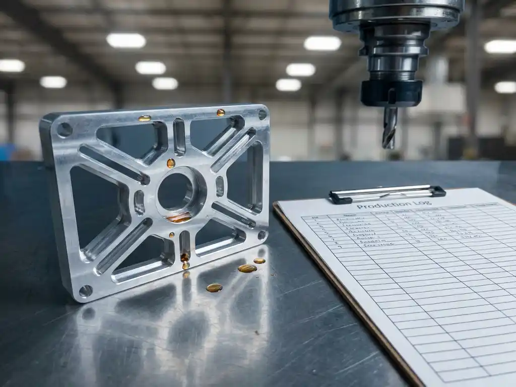 Präzisionsgefrästes Aluminiumteil neben Produktionsprotokoll auf Stahloberfläche, CNC-Frässpindel im Hintergrund.