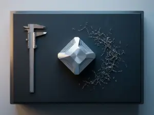 Präzisionsgefräste Aluminiumkomponente auf Messplatte mit Messschieber und Metallspänen im Flachwinkel.