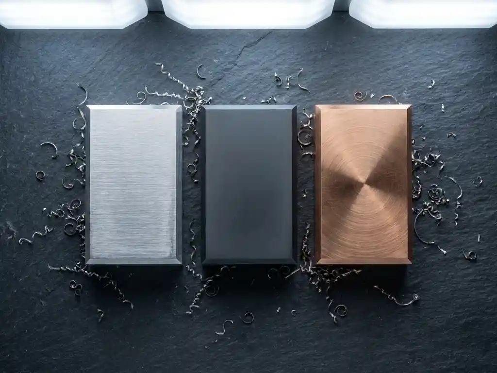 Drei präzisionsgefertigte Metallproben aus Aluminium, Stahl und Bronze auf grauer Werkstattoberfläche mit Metallspänen.