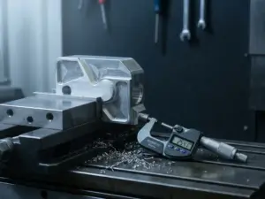 Präzisionsgefrästes Aluminiumteil im CNC-Schraubstock neben digitalem Mikrometer, Metallspäne auf dunklem Stahlwerktisch.