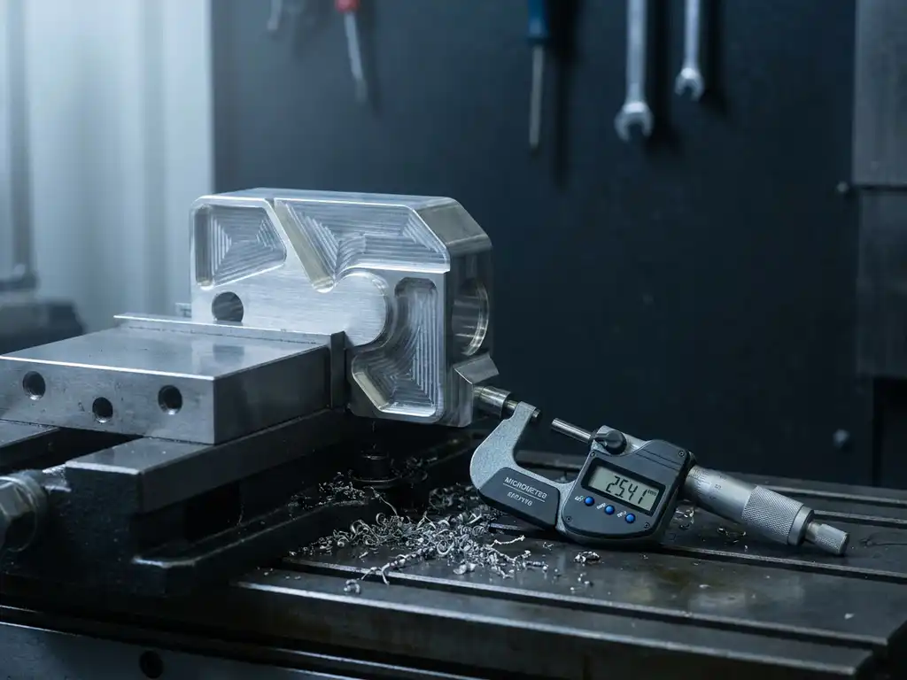 Präzisionsgefrästes Aluminiumteil im CNC-Schraubstock neben digitalem Mikrometer, Metallspäne auf dunklem Stahlwerktisch.