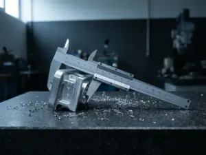 Präzisionsgefertigtes Aluminiumteil in Stahlmikrometer eingespannt auf Granitmesstisch mit Metallspänen.