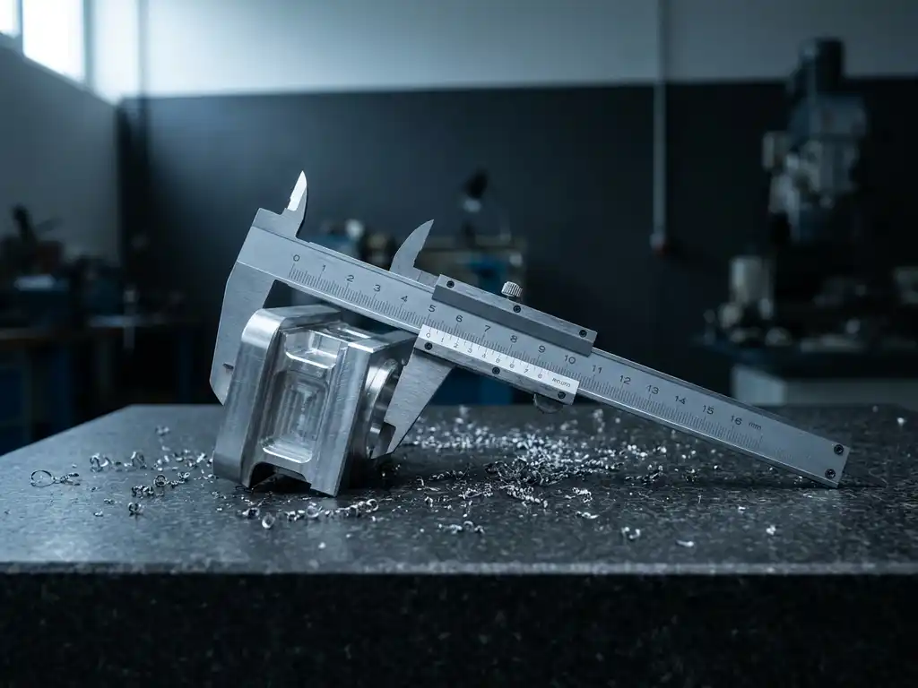 Präzisionsgefertigtes Aluminiumteil in Stahlmikrometer eingespannt auf Granitmesstisch mit Metallspänen.