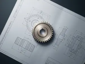 Gefräste Aluminiumbauteile auf technischer Zeichnung mit Maßangaben, Draufsicht im Flatlay-Stil.