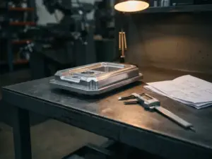 Präzisionsgefrästes Aluminiumteil neben Messschieber und technischen Zeichnungen auf Stahloberfläche in Werkstatt.