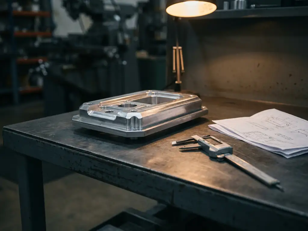Präzisionsgefrästes Aluminiumteil neben Messschieber und technischen Zeichnungen auf Stahloberfläche in Werkstatt.