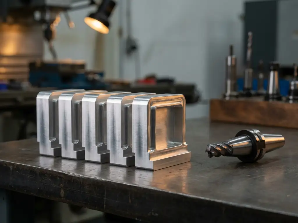 Präzisionsgefräste Aluminiumteile in geometrischer Reihe auf dunkler Werkbank, daneben ein CNC-Fräswerkzeug, weiches Werkstattlicht von links.