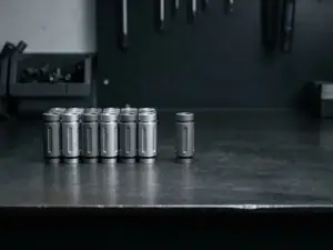 Präzisionsgefräste Aluminiumbauteile in einer Reihe auf dunkler Stahloberfläche, ein Teil leicht abgesetzt, industrielle Werkstattbeleuchtung.