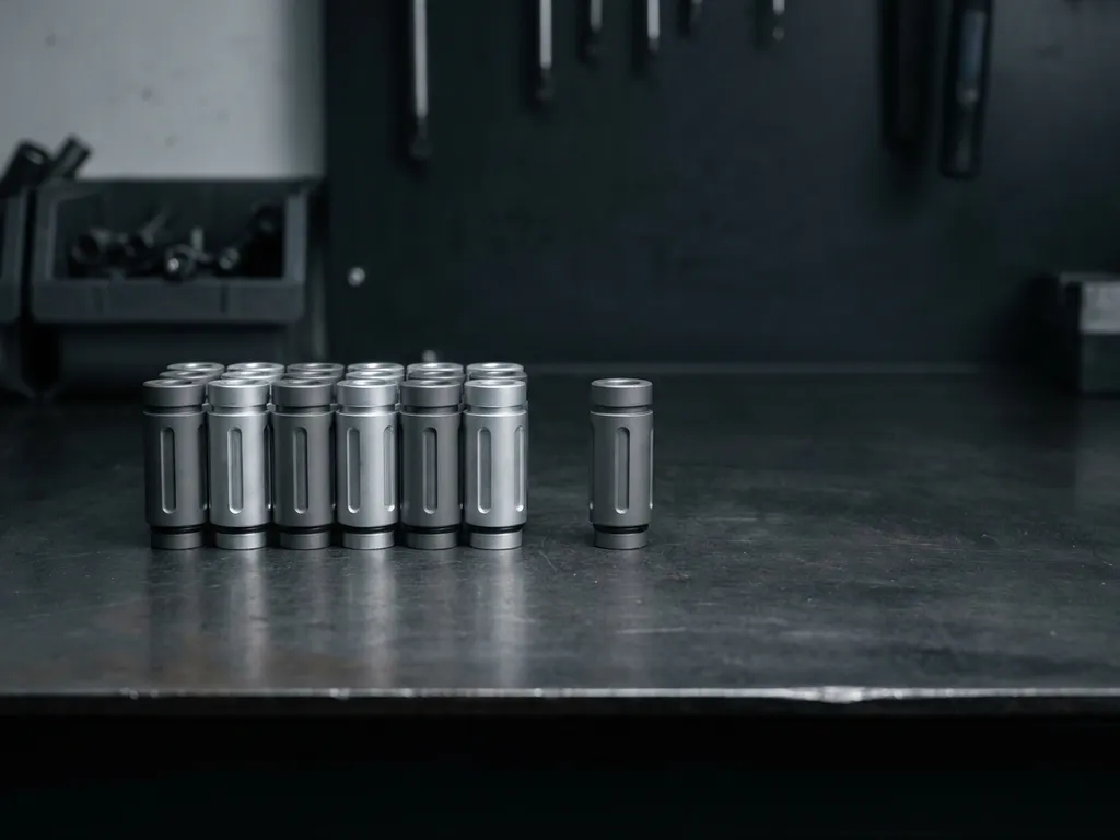 Präzisionsgefräste Aluminiumbauteile in einer Reihe auf dunkler Stahloberfläche, ein Teil leicht abgesetzt, industrielle Werkstattbeleuchtung.