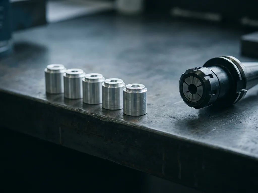 Präzisionsgefräste Aluminiumbauteile in einer Reihe auf dunkler Stahloberfläche, CNC-Werkzeughalter daneben, industrielle Seitenbeleuchtung.
