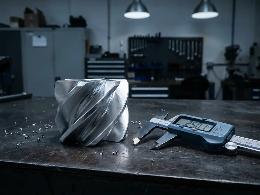 Gefrästes Aluminiumprototyp mit gekrümmten Oberflächen auf Stahlwerkbank, digitale Schieblehre daneben, Metallspäne sichtbar.