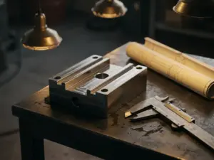 Präzisionsgefertigtes Metallprototyp-Bauteil auf Werkstattoberfläche, flankiert von Messschiebern und technischer Zeichnung.