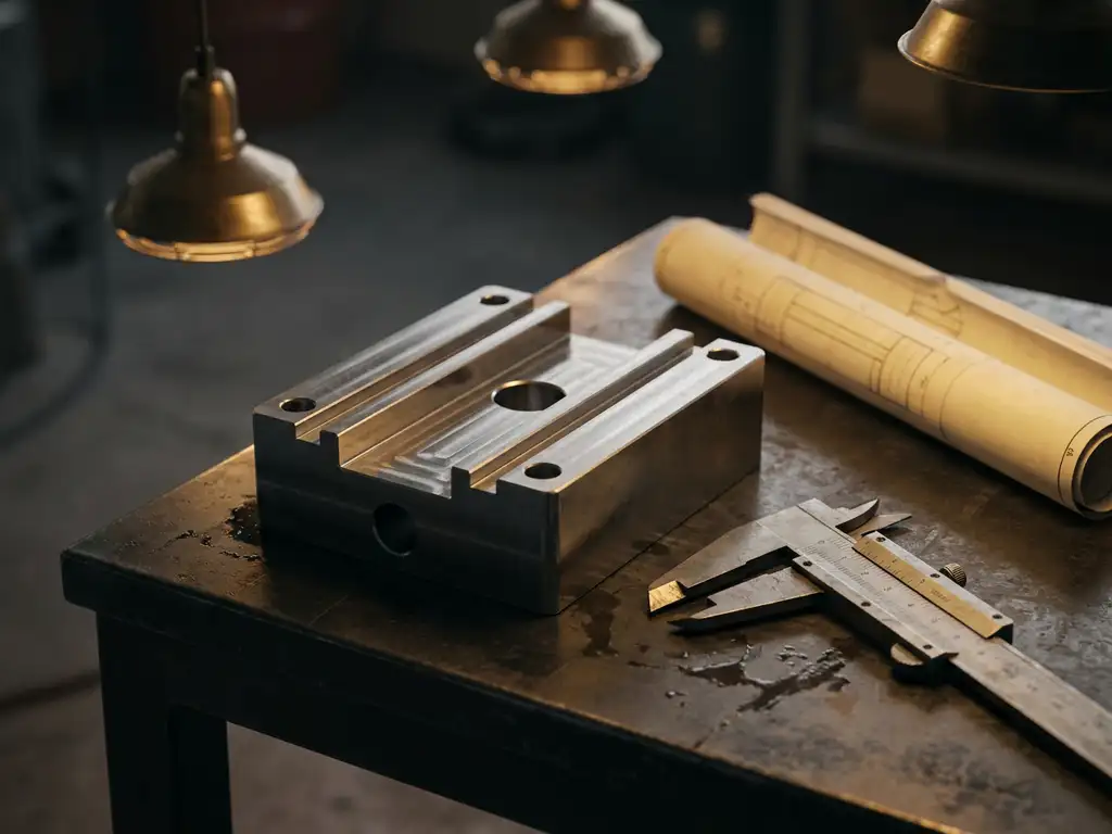 Präzisionsgefertigtes Metallprototyp-Bauteil auf Werkstattoberfläche, flankiert von Messschiebern und technischer Zeichnung.