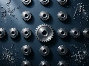 Präzisionsgefräste Metallkomponente in symmetrischer Anordnung identischer Teile auf dunkler Stahloberfläche mit CNC-Frässpänen.