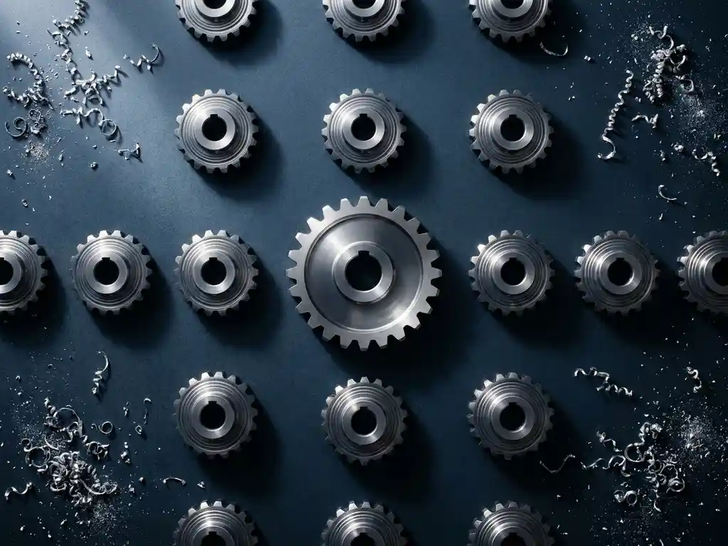 Präzisionsgefräste Metallkomponente in symmetrischer Anordnung identischer Teile auf dunkler Stahloberfläche mit CNC-Frässpänen.