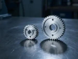 Präzisionsgefertigtes Metallteil neben einer größeren Variante auf gebürstetem Stahl, symbolisiert Produktionsskalierung.