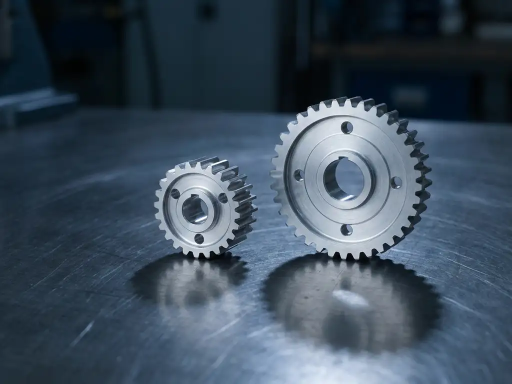 Präzisionsgefertigtes Metallteil neben einer größeren Variante auf gebürstetem Stahl, symbolisiert Produktionsskalierung.