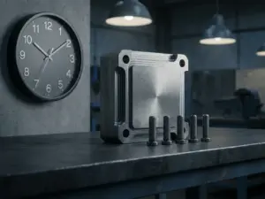 Präzisionsgefertigte Metallbauteile in einer Reihe auf Stahloberfläche neben analoger Wanduhr, industrielle Beleuchtung.