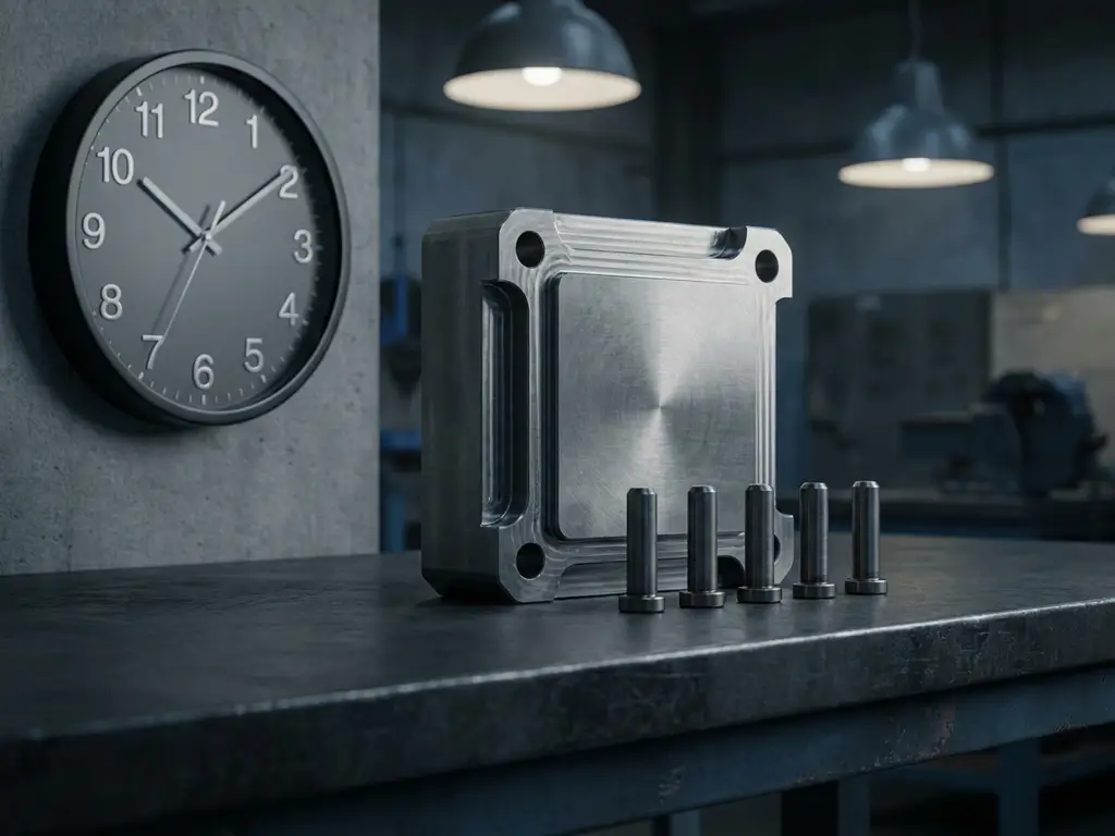 Präzisionsgefertigte Metallbauteile in einer Reihe auf Stahloberfläche neben analoger Wanduhr, industrielle Beleuchtung.
