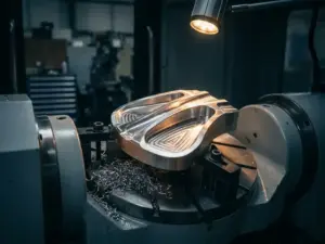Präzisionsgefräste Aluminiumkomponente mit komplexen Kurven in 5-Achs-CNC-Bearbeitungszentrum eingespannt, Metallspäne an der Basis.