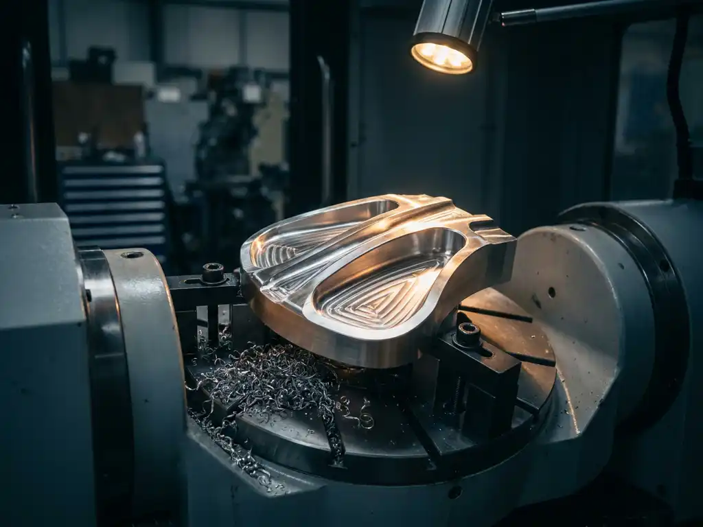 Präzisionsgefräste Aluminiumkomponente mit komplexen Kurven in 5-Achs-CNC-Bearbeitungszentrum eingespannt, Metallspäne an der Basis.