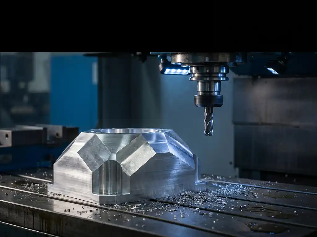 Präzisionsgefrästes Aluminiumbauteil mit komplexer Winkelgeometrie auf Stahloberfläche, CNC-Fräswerkzeug und Metallspäne sichtbar.