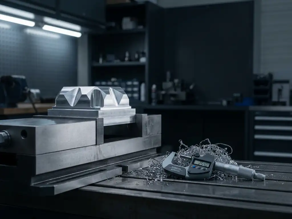 Gefräste Aluminiumkomponente im CNC-Schraubstock mit kalibriertem Mikrometer und Metallspänen auf dunklem Stahlwerkzeugbank.