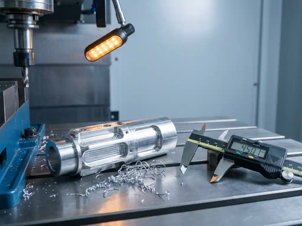 Präzisionsgefrästes Aluminiumteil neben CNC-Fräsmaschine mit Metallspänen und digitalem Messschieber auf Stahloberfläche.