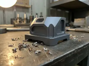 Gefrästes Aluminiumteil mit eloxierter Oberfläche auf dunklem Stahlwerkbank, Metallspäne daneben, industrielle Seitenbeleuchtung.