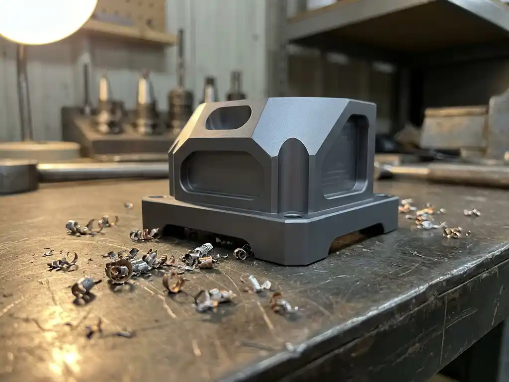 Gefrästes Aluminiumteil mit eloxierter Oberfläche auf dunklem Stahlwerkbank, Metallspäne daneben, industrielle Seitenbeleuchtung.