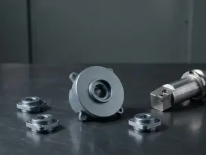 Präzisionsgefräste Aluminiumbauteile auf Stahloberfläche mit CNC-Werkzeughalter, sichtbare Bearbeitungsrillen, industrielle Beleuchtung.