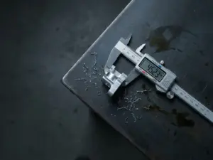 Präzisionsmessschieber misst ein CNC-gefrästes Aluminiumteil auf dunkler Stahloberfläche mit Metallspänen, Draufsicht.