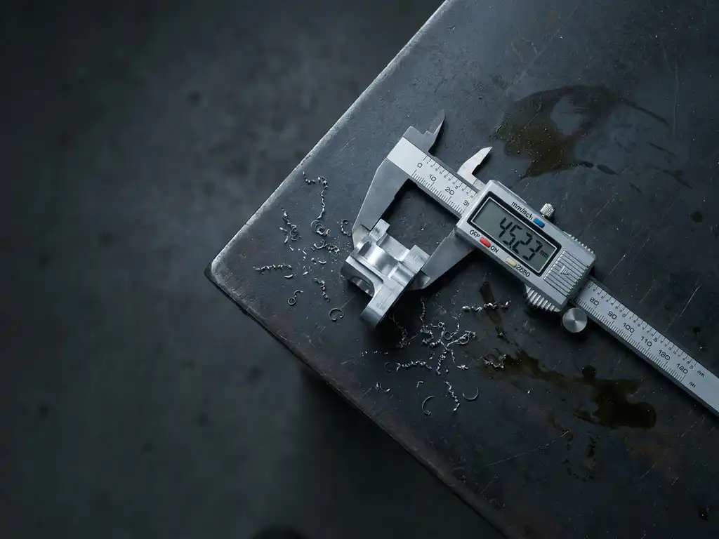 Präzisionsmessschieber misst ein CNC-gefrästes Aluminiumteil auf dunkler Stahloberfläche mit Metallspänen, Draufsicht.