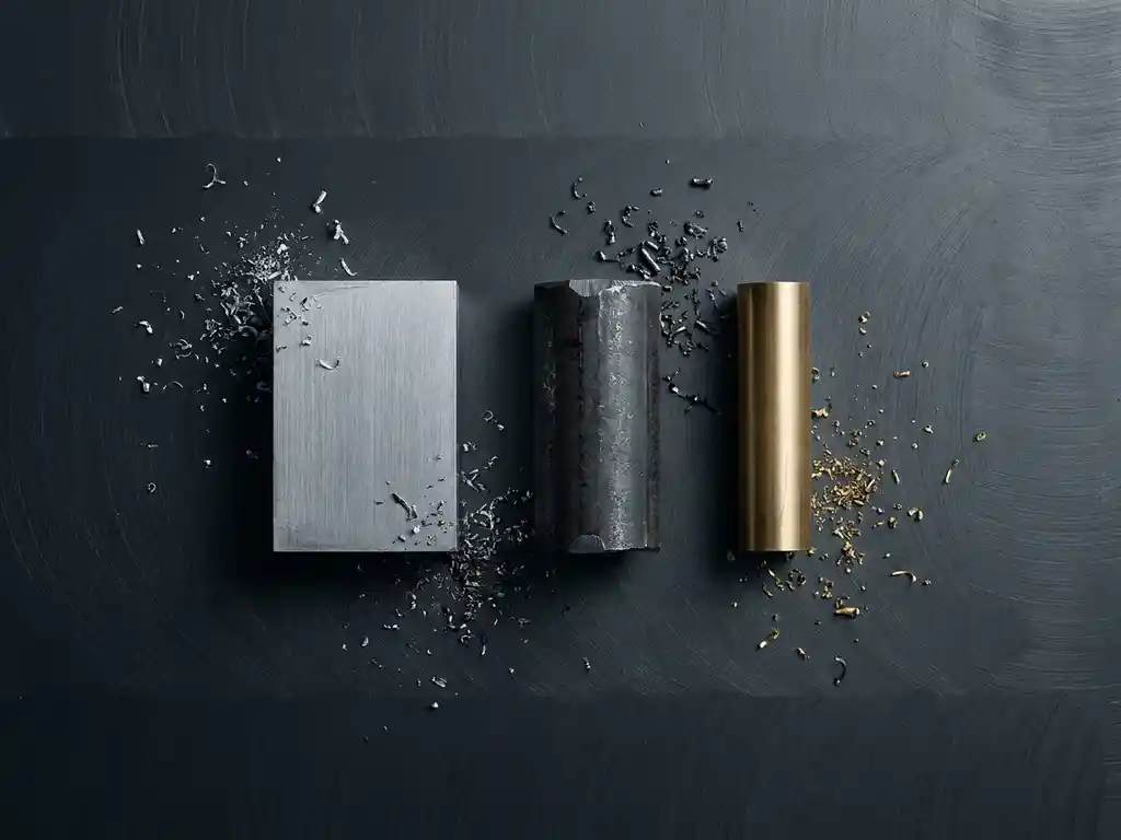 Gebürsteter Aluminiumblock, Stahlrohling und Messingstab als Flachlay auf dunkelgrauer Metalloberfläche mit Metallspänen.
