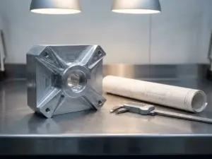 Gefrästes Aluminium-Funktionsprototyp auf Stahlwerkbank mit digitalem Messschieber und technischer Zeichnung.