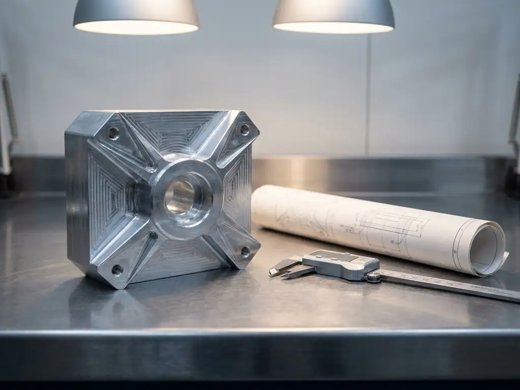 Gefrästes Aluminium-Funktionsprototyp auf Stahlwerkbank mit digitalem Messschieber und technischer Zeichnung.