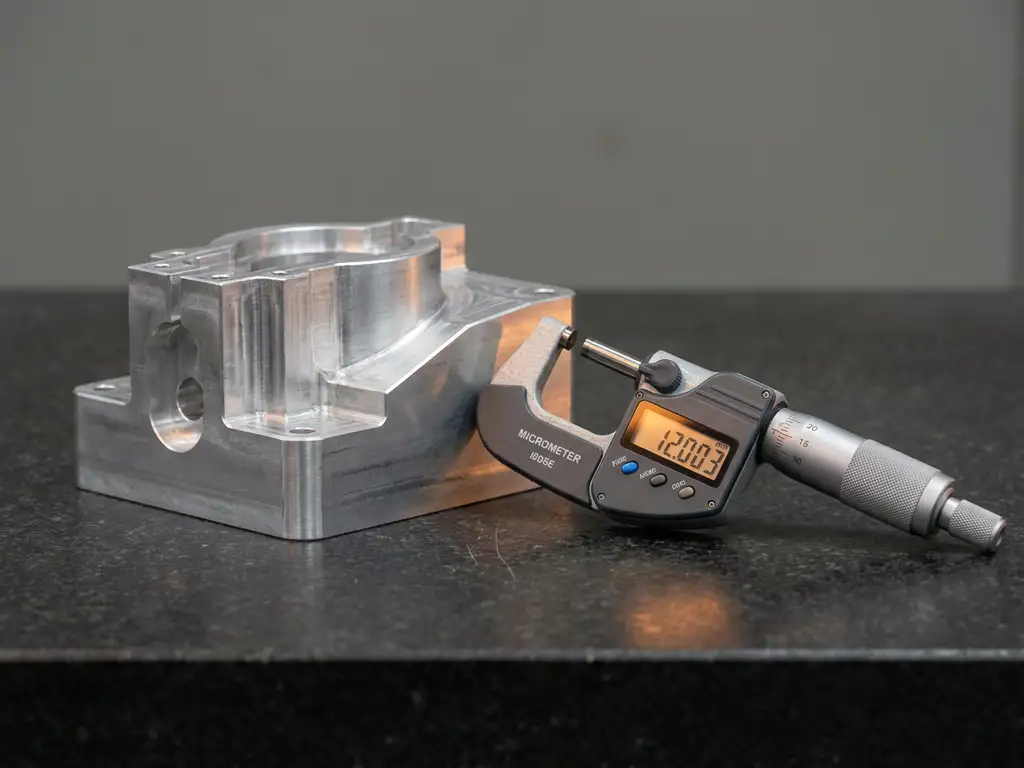 Gefrästes Aluminiumprototyp-Bauteil auf Granitmessplatte mit kalibriertem Digital-Mikrometer zur Toleranzmessung.
