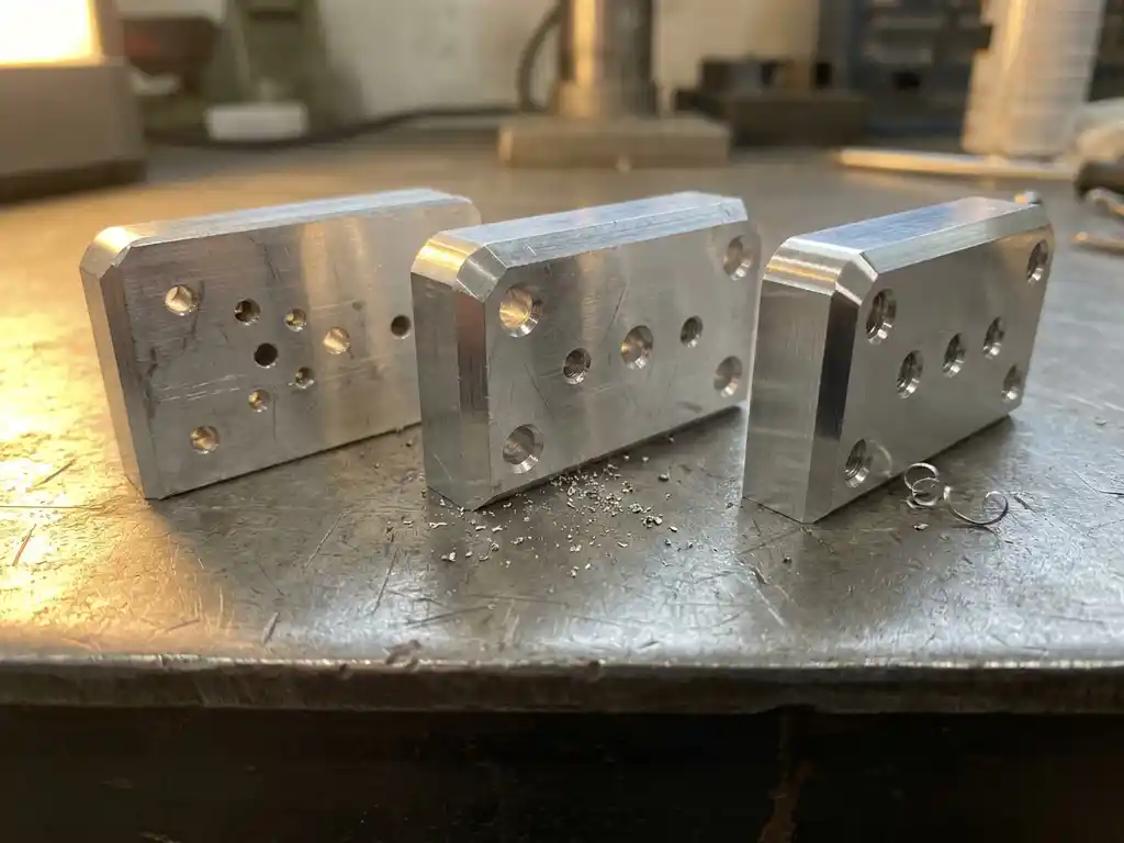 Drei gefräste Aluminium-Prototypen in einer Reihe auf einer Stahlwerkbank, mit schrittweise verfeinerten Geometrien und Metallspänen.