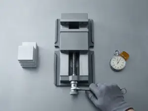 CNC-Maschinenschraubstock wird auf Stahlwerkbank eingestellt, daneben gestapelte Aluminiumteile und eine Stoppuhr.