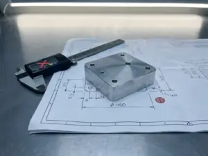 Gefrästes Aluminiumteil mit Werkzeugspuren auf technischer Zeichnung, daneben ein rot markiertes Messschieber-Maß als Ausschuss-Kennzeichnung.
