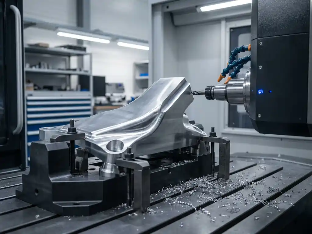 Gekrümmtes Aluminium-Luft­fahrt­bauteil in 5-Achs-CNC-Fräszentrum, Präzisionswerkzeug bearbeitet Mehr­fach­winkel­fläche, Metallspäne auf dem Maschinenbett.