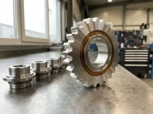 Präzisionsgefertigtes Metallteil auf Stahlwerkbank neben einer Reihe identischer Komponenten, feine Bearbeitungsspuren sichtbar.