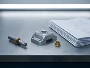 Gefräste Aluminiumkomponente auf Stahlwerkbank neben technischen Zeichnungen und CNC-Fräser in diffusem Werkstattlicht.
