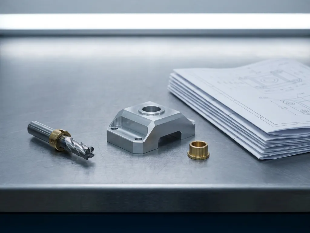 Gefräste Aluminiumkomponente auf Stahlwerkbank neben technischen Zeichnungen und CNC-Fräser in diffusem Werkstattlicht.
